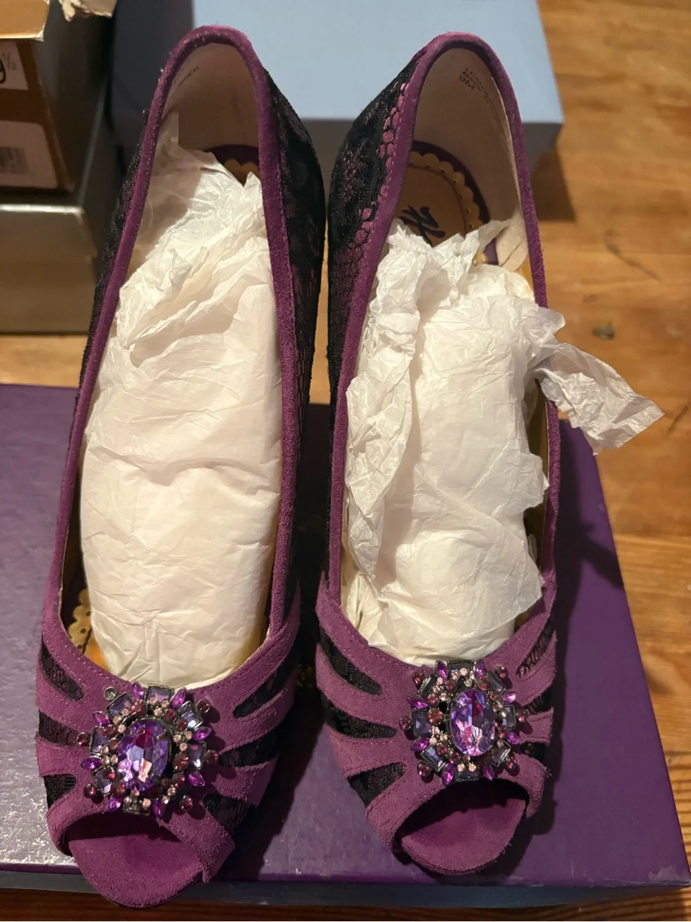 Hale Bob Purple and Black Jeweled Peep-Toe Heels